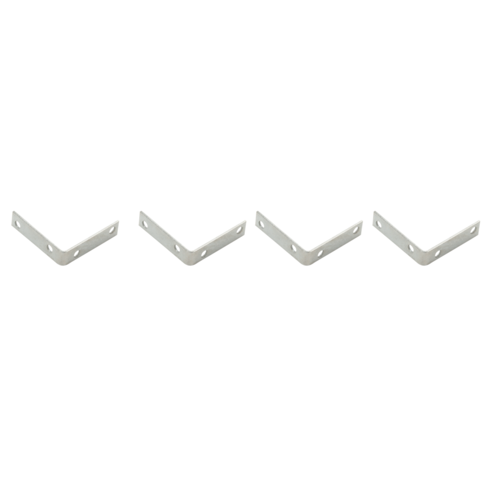 Four galvanized steel corner braces with multiple pre-drilled holes for structural support in building hardware collections