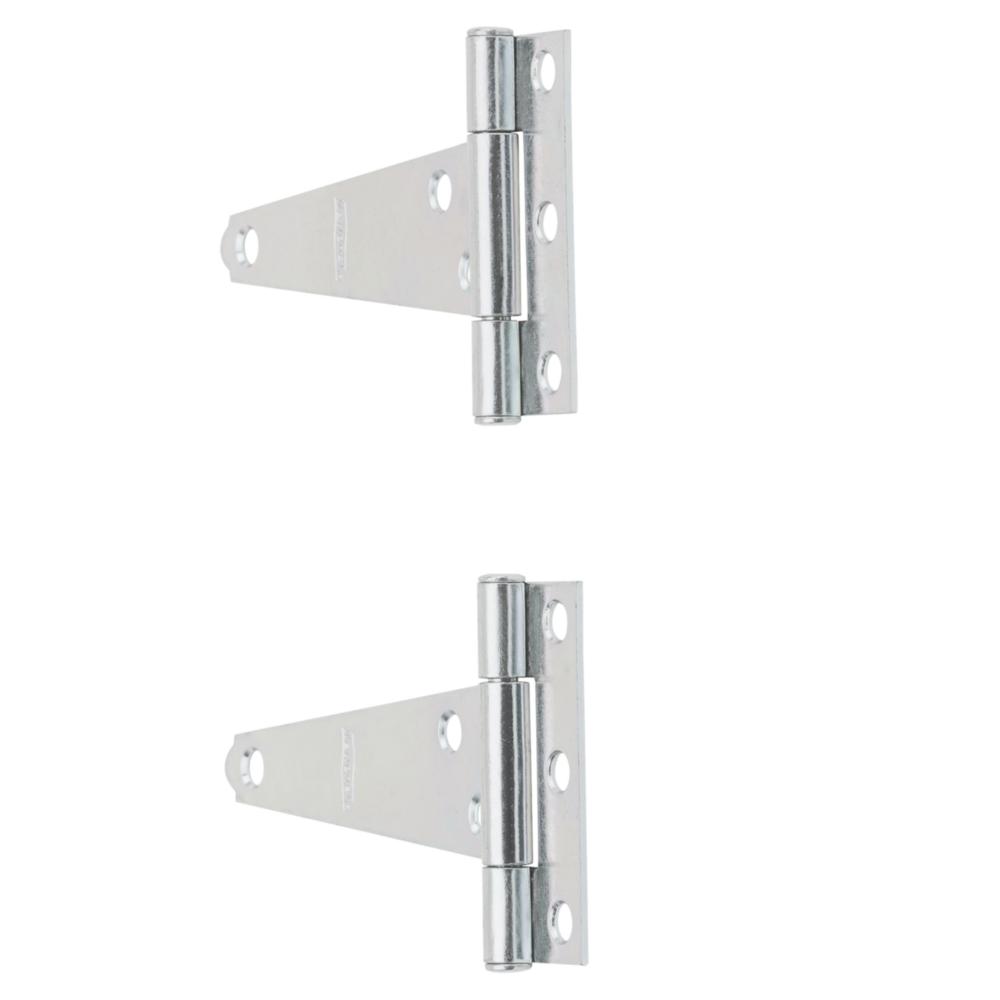 Set of two silver light duty T-hinges with screws for doors and gates in home improvement projects