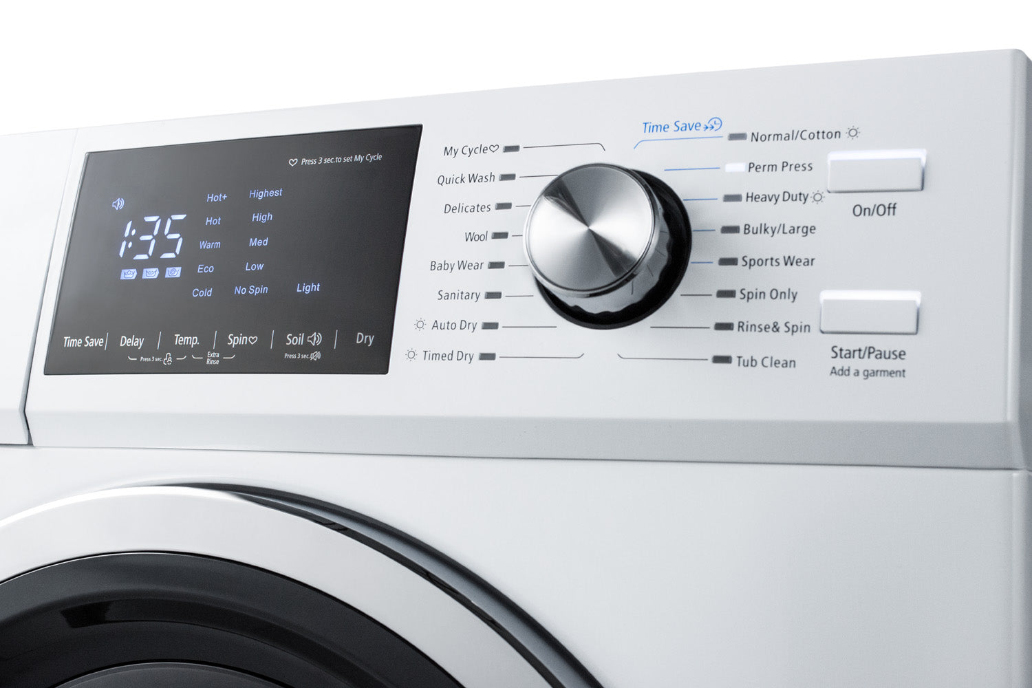 Close-up of digital control panel with cycle settings and chrome dial on white washer/dryer combo from Washer/Dryer Combos collection