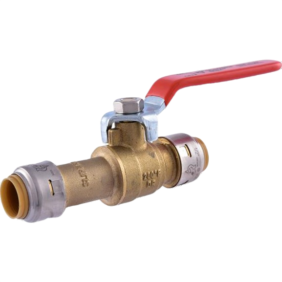 Brass push-fit slip ball valve with red handle for plumbing, pipes and fittings, and home improvement projects