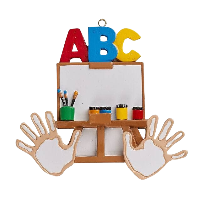 Ornament featuring colorful ABC letters, blank canvas, paintbrushes, and handprints for Christmas Ornaments & Tree Decorations under $50 collection