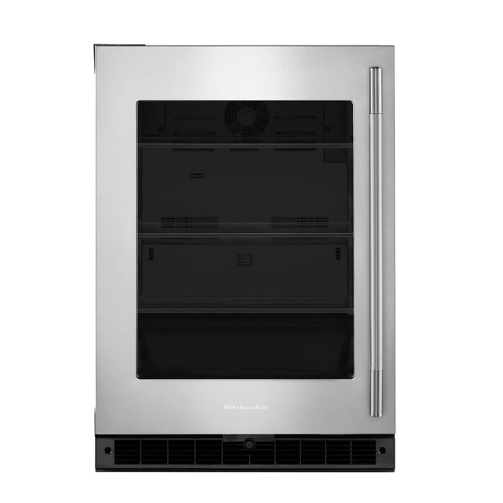 Undercounter refrigerator with stainless steel frame, glass door, and vertical handle from KitchenAid Appliances collection at Hartville Hardware