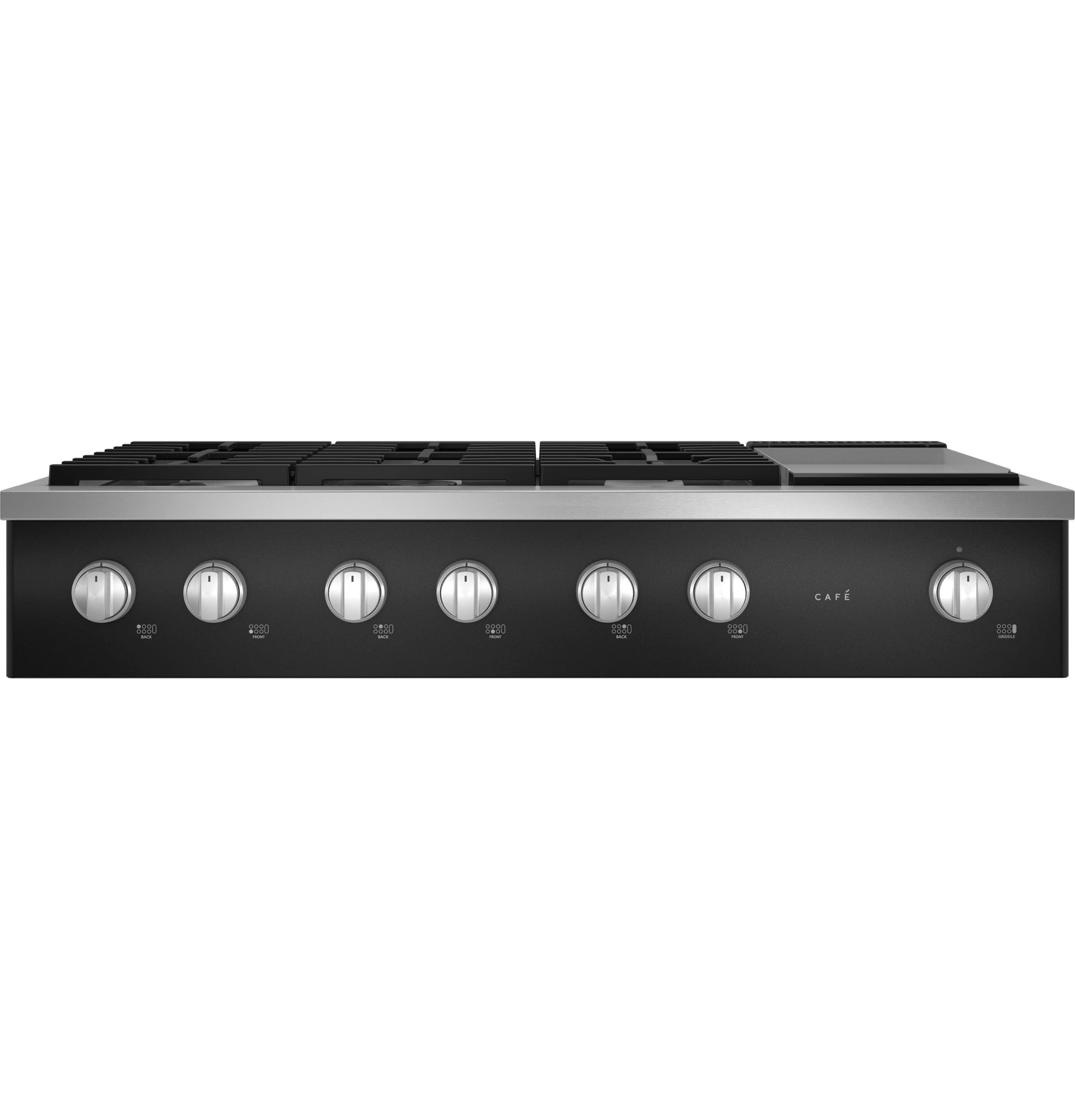 Front view of commercial-style gas rangetop with six control knobs and integrated griddle for kitchen and cooktop collections