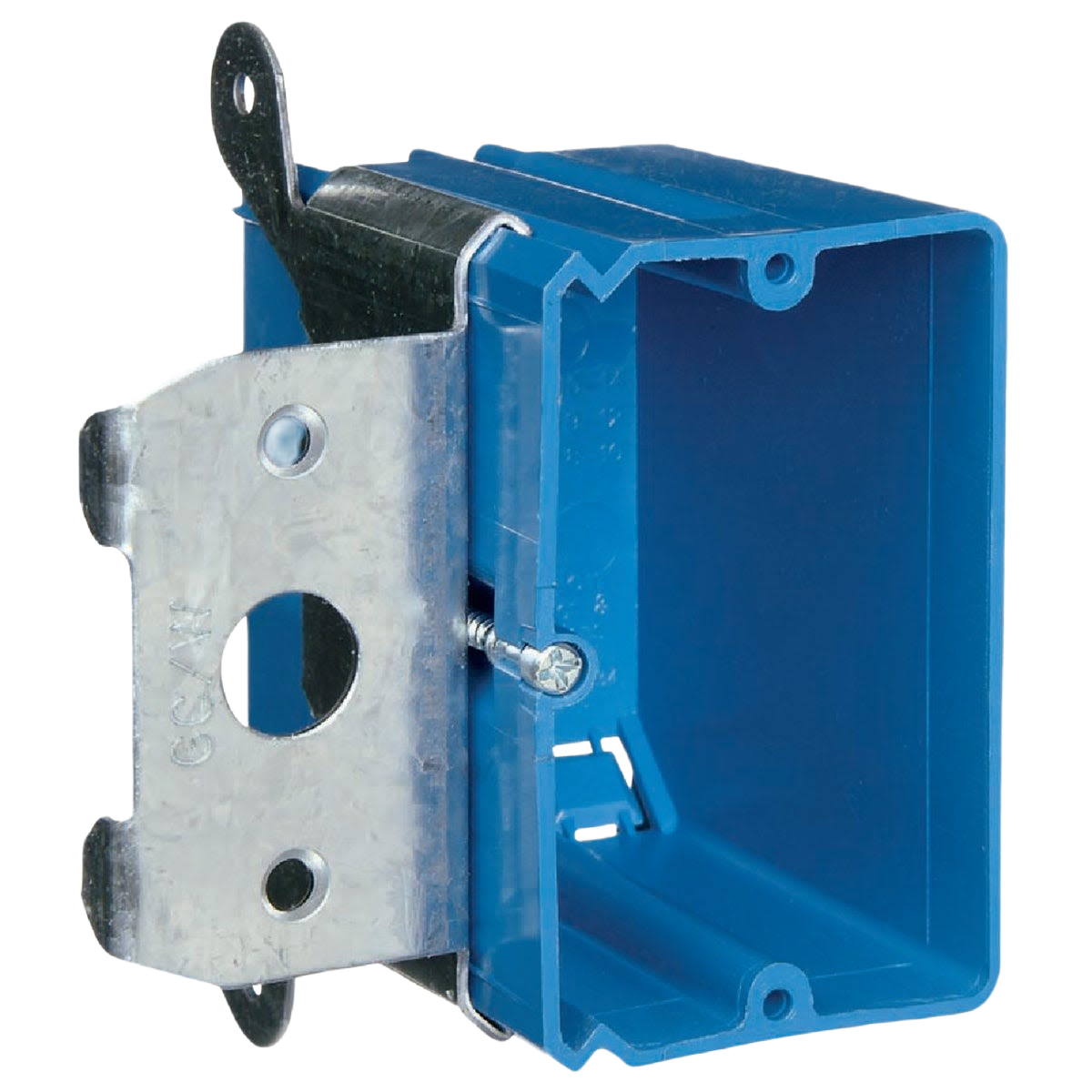 Blue PVC electrical wall box with metal mounting bracket for home improvement wiring installations