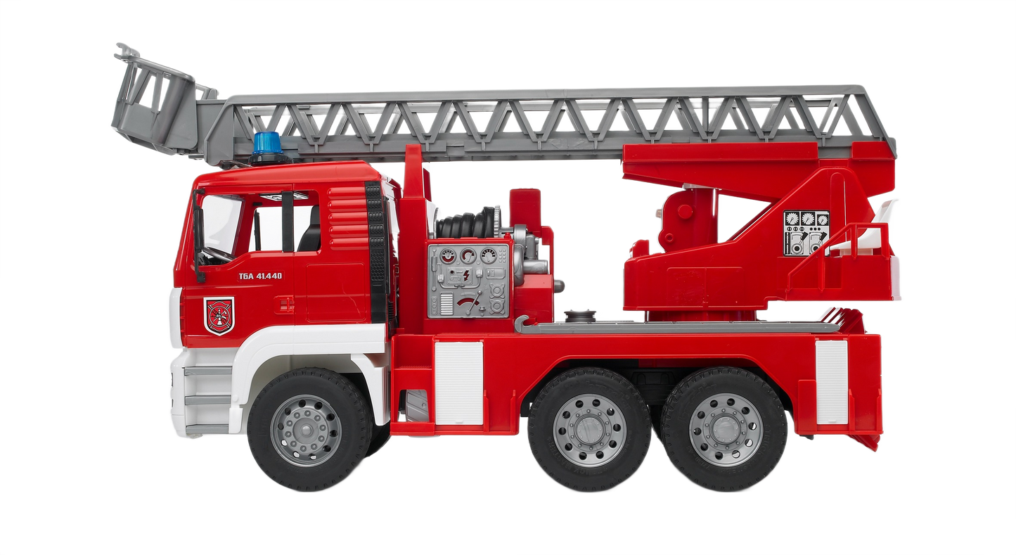 Red and white Bruder Toys fire engine with extendable ladder, water pump details, and realistic lights and sounds for kids.
