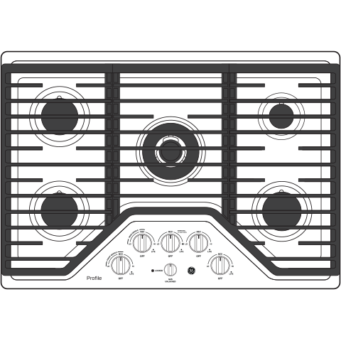 Built-in stainless steel gas cooktop with five burners and central extra-large integrated griddle for kitchen use