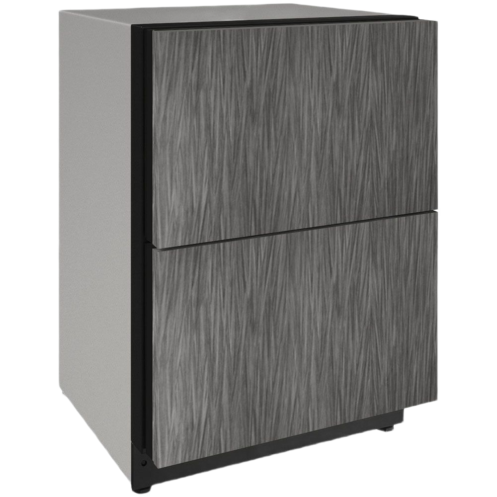 Integrated refrigerator drawer with custom textured dark gray front panels for kitchens and appliance collections