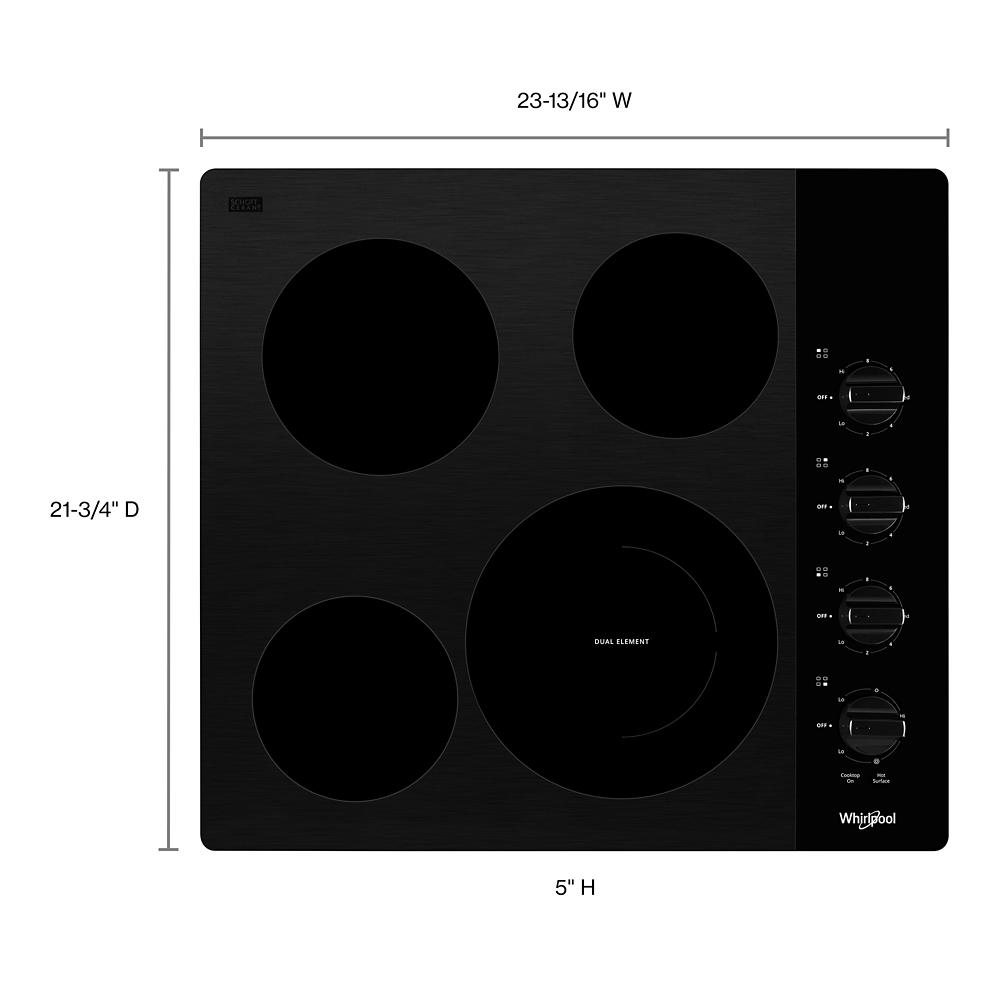 24-inch black electric ceramic glass cooktop with four burners and control knobs on right side from electric cooktops collection