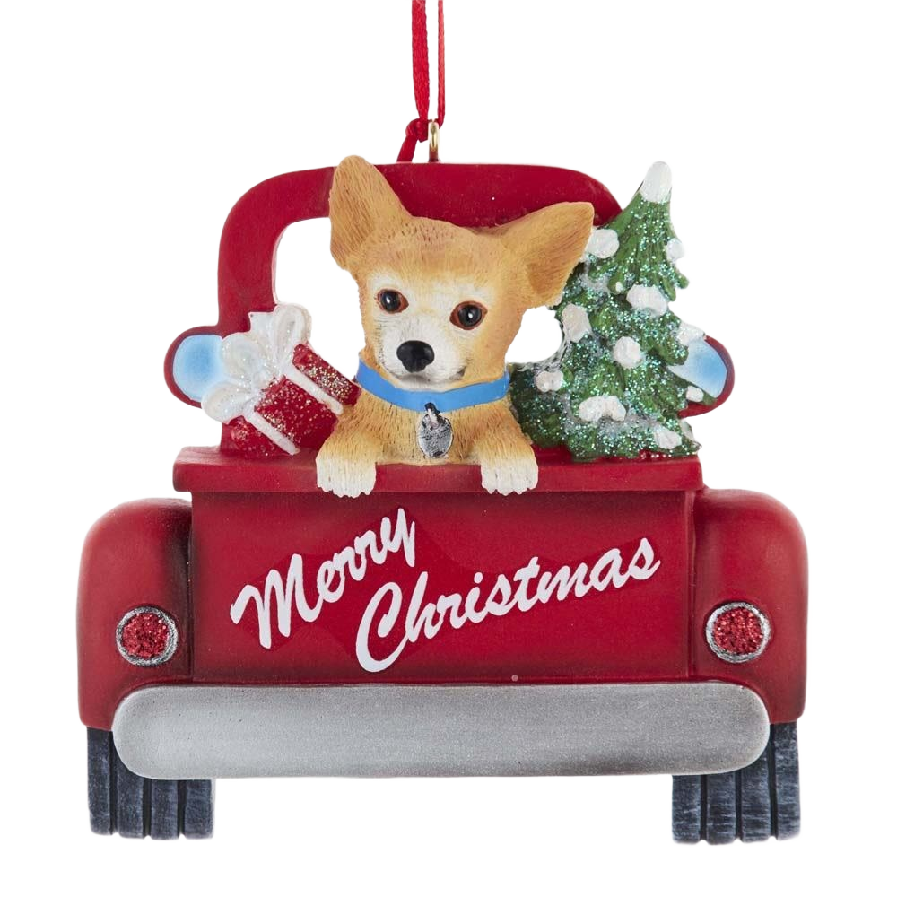 Red truck ornament with chihuahua, Christmas tree, and gift, festive decoration from Christmas collection under $50