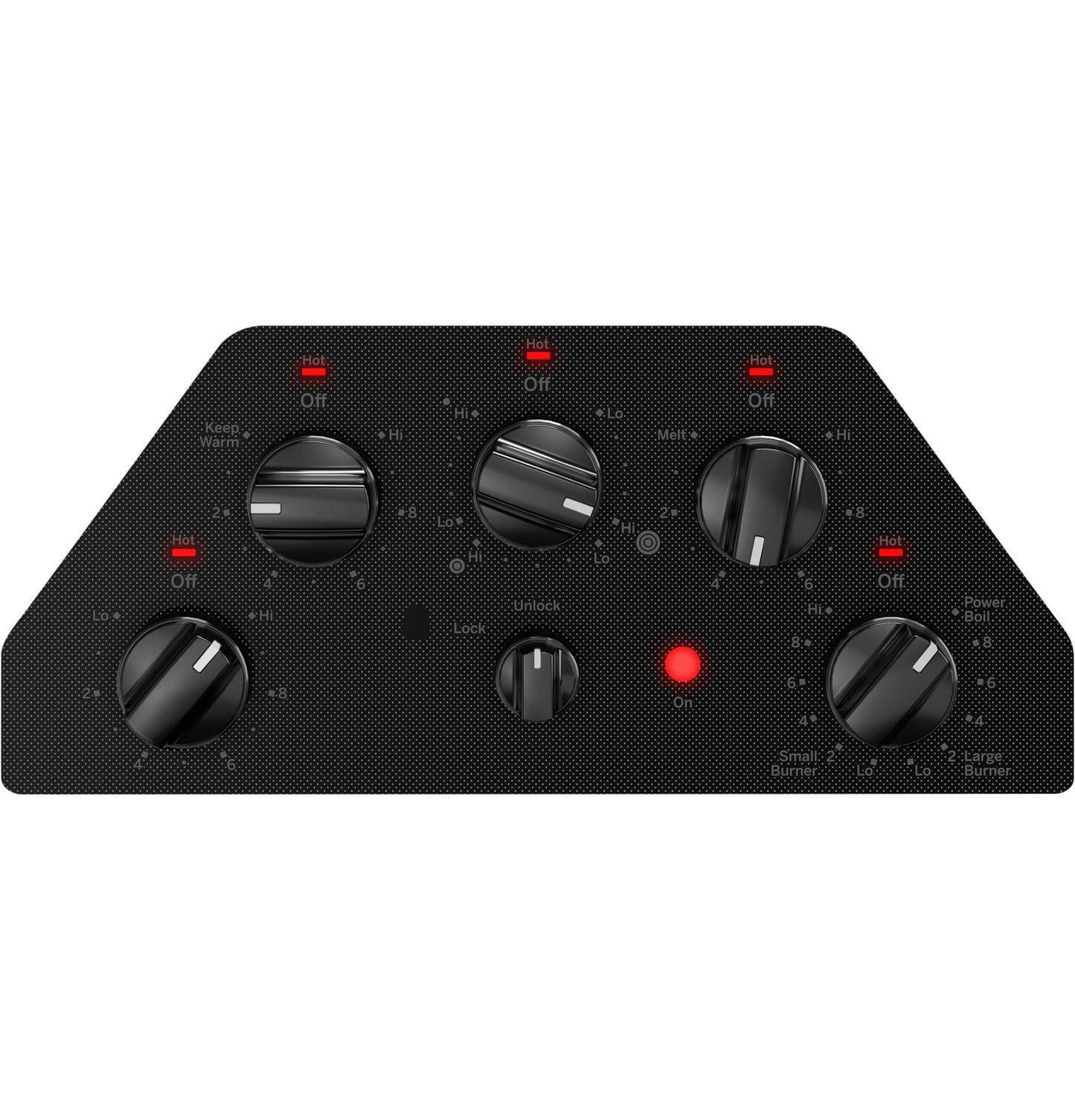 Close-up of black knob control panel with indicator lights for electric cooktop from Cooktops and Appliances collections