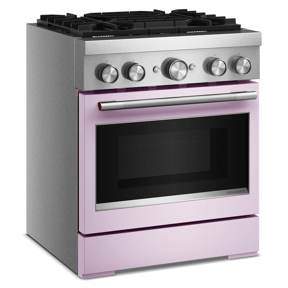 Front view of pink 30-inch dual fuel range with four gas burners and stainless steel knobs in KitchenAid ranges collection