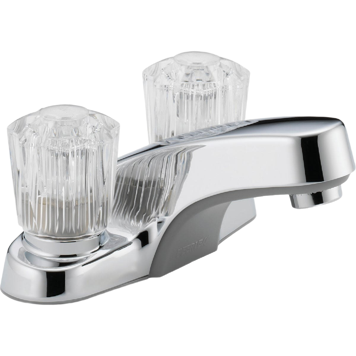 Chrome two-handle centerset bathroom faucet with clear acrylic knobs for home improvement use