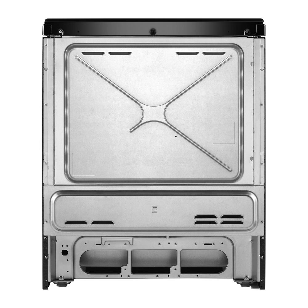 Rear view of stainless steel electric range housing with vent openings and panel from Ranges collection