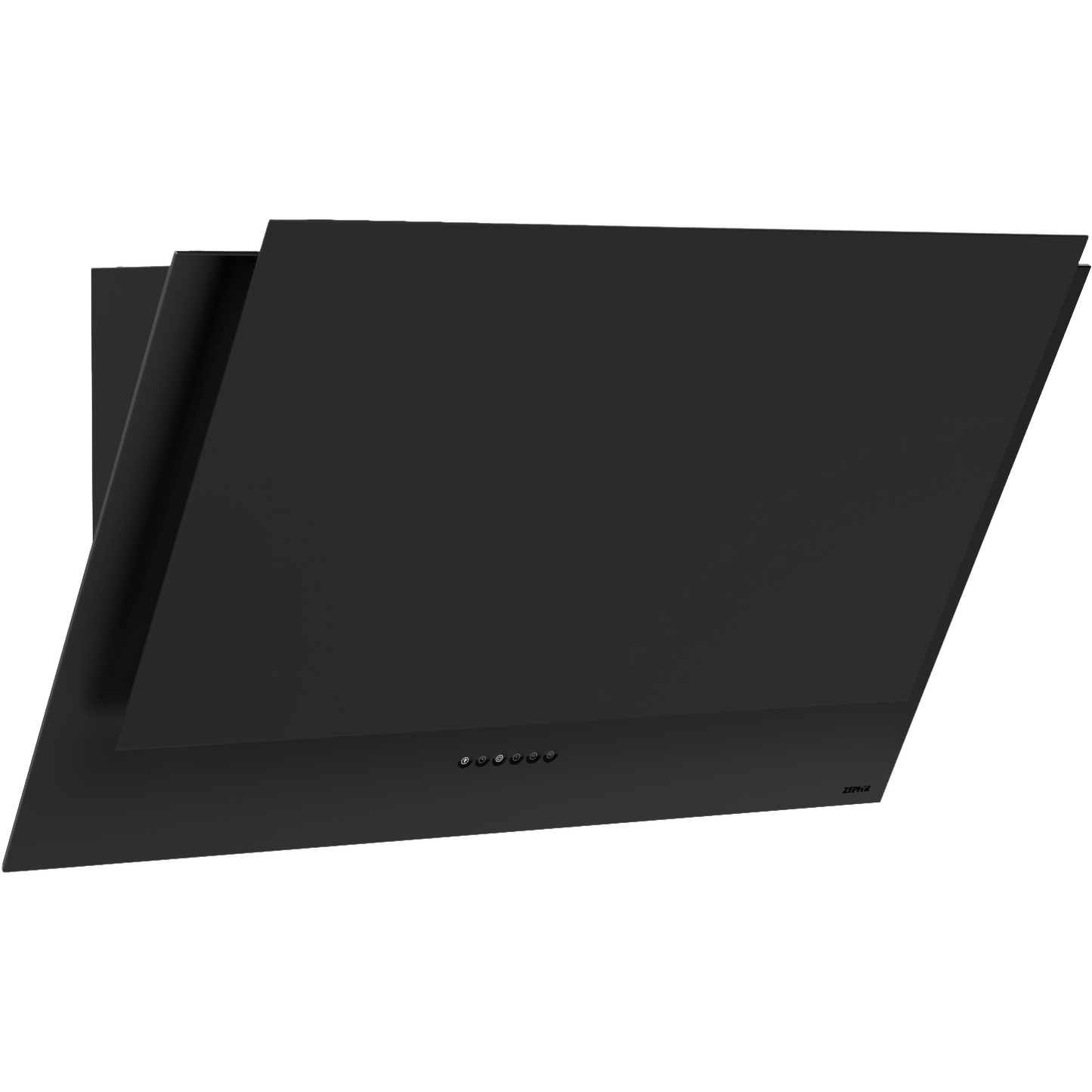 Black wall-mounted range hood with minimalist angled design and capacitive touch controls for kitchen ventilation.