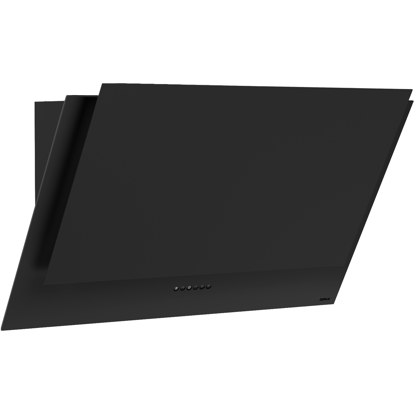 Black wall-mounted range hood with minimalist angled design and capacitive touch controls for kitchen ventilation.