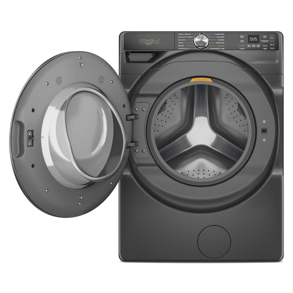 Dark gray smart front load washer with open door showing stainless steel drum from washers and appliances collection