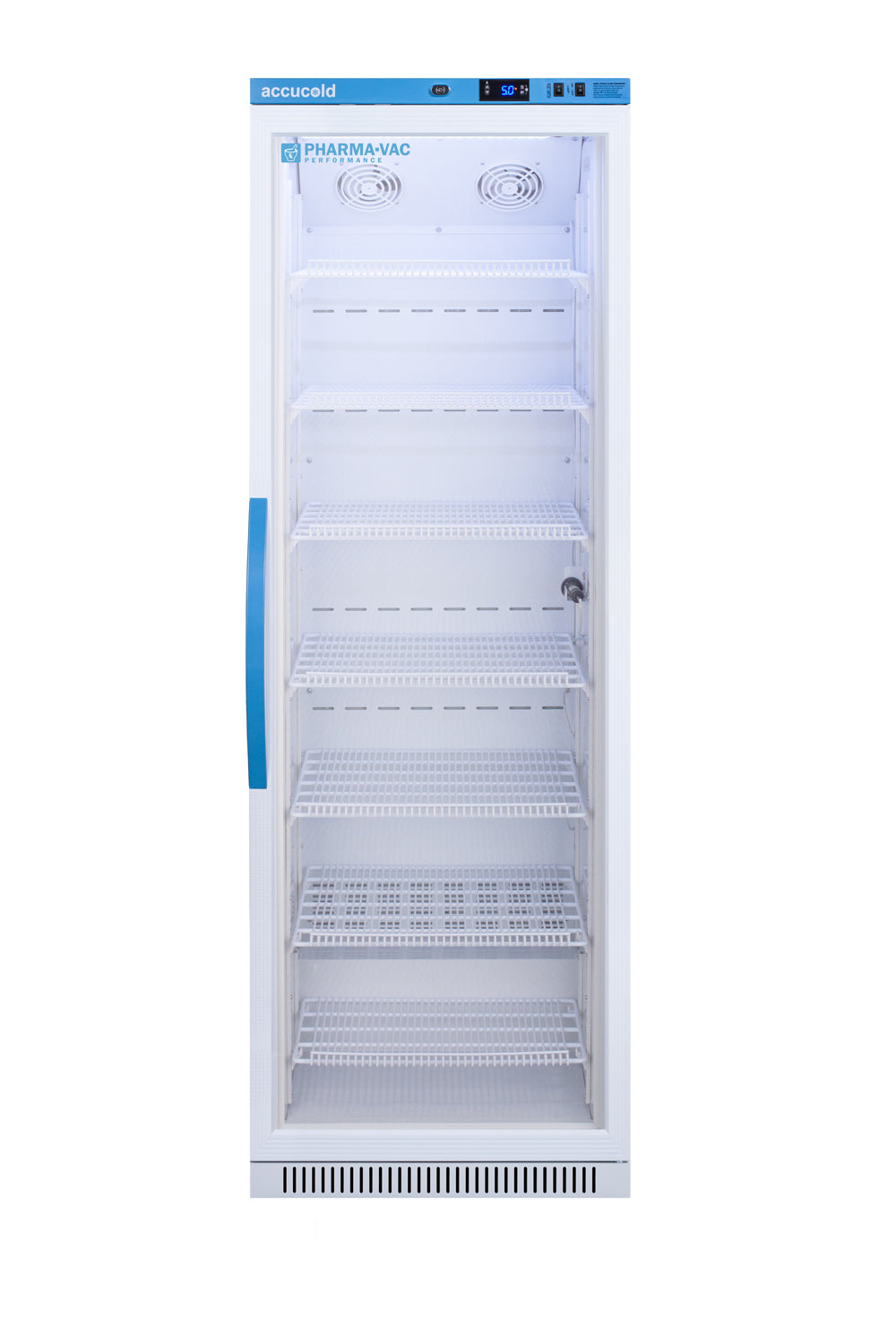 Tall white upright vaccine refrigerator with multiple wire shelves and digital temperature display in appliances collection