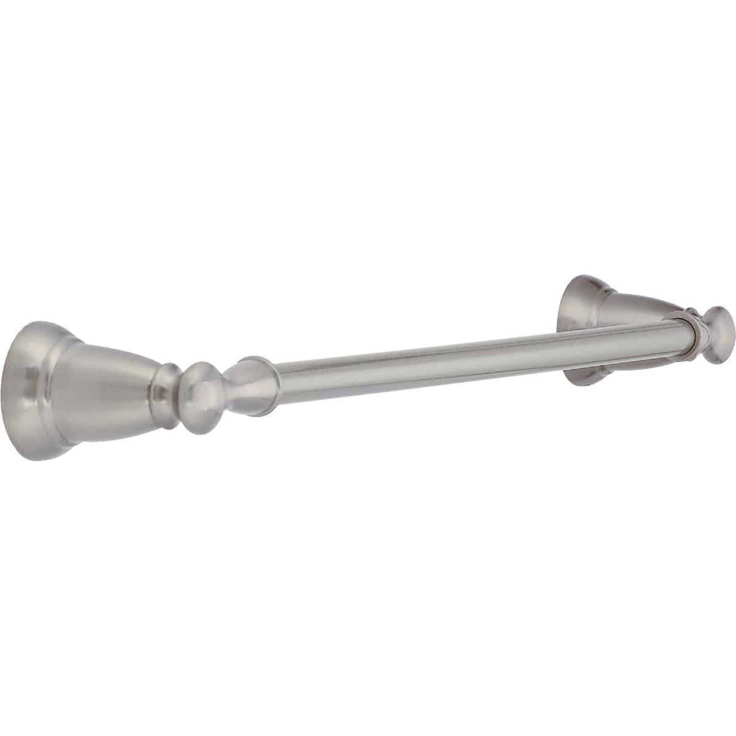 Brushed nickel towel bar with decorative mounting brackets for bathroom organization and home improvement projects