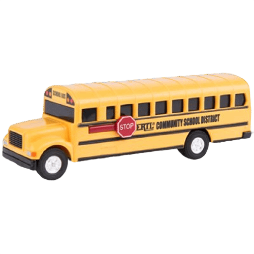 Yellow toy school bus with stop sign and black wheels, detailed with windows and community school district markings