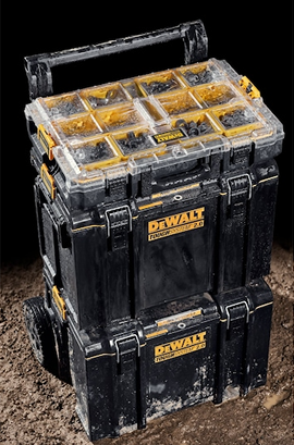 Heavy-duty black and yellow durable organizer with clear compartment lid and wheels for tools and home improvement storage