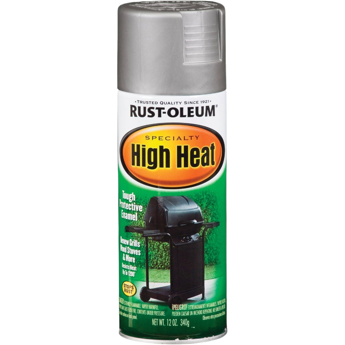 Rust-Oleum specialty high heat silver satin spray paint for grills and stoves, part of Paint & Supplies collections
