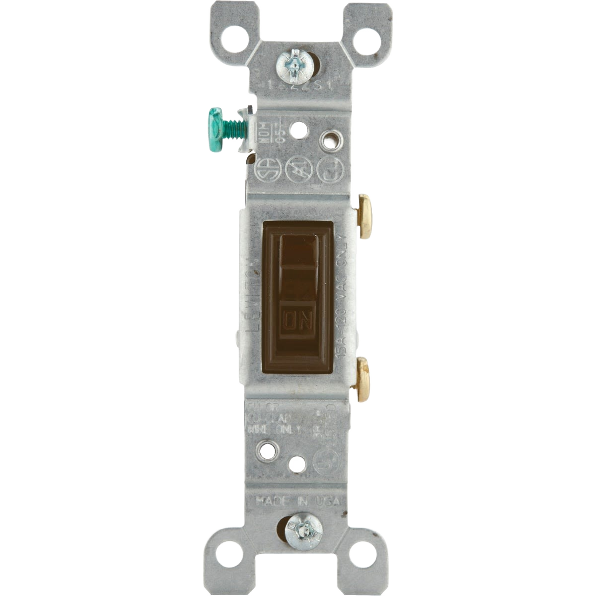 Brown toggle switch with metal mounting frame and grounding screw for residential electrical wiring projects