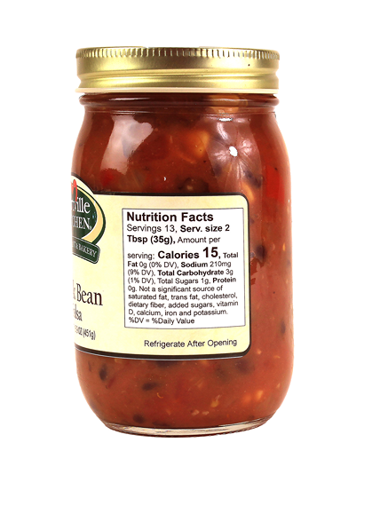 Glass jar of black bean salsa with gold metal lid and nutrition facts label in food and beverage collection