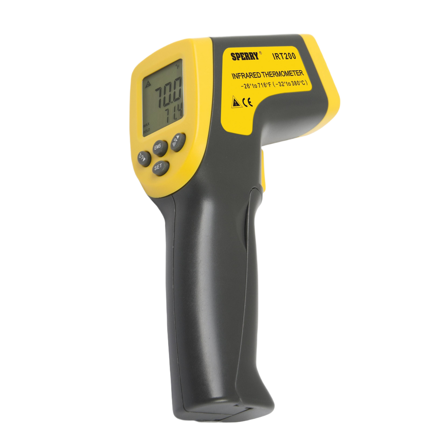 Black and yellow infrared thermometer with digital display and control buttons for temperature measurement in home improvement tasks