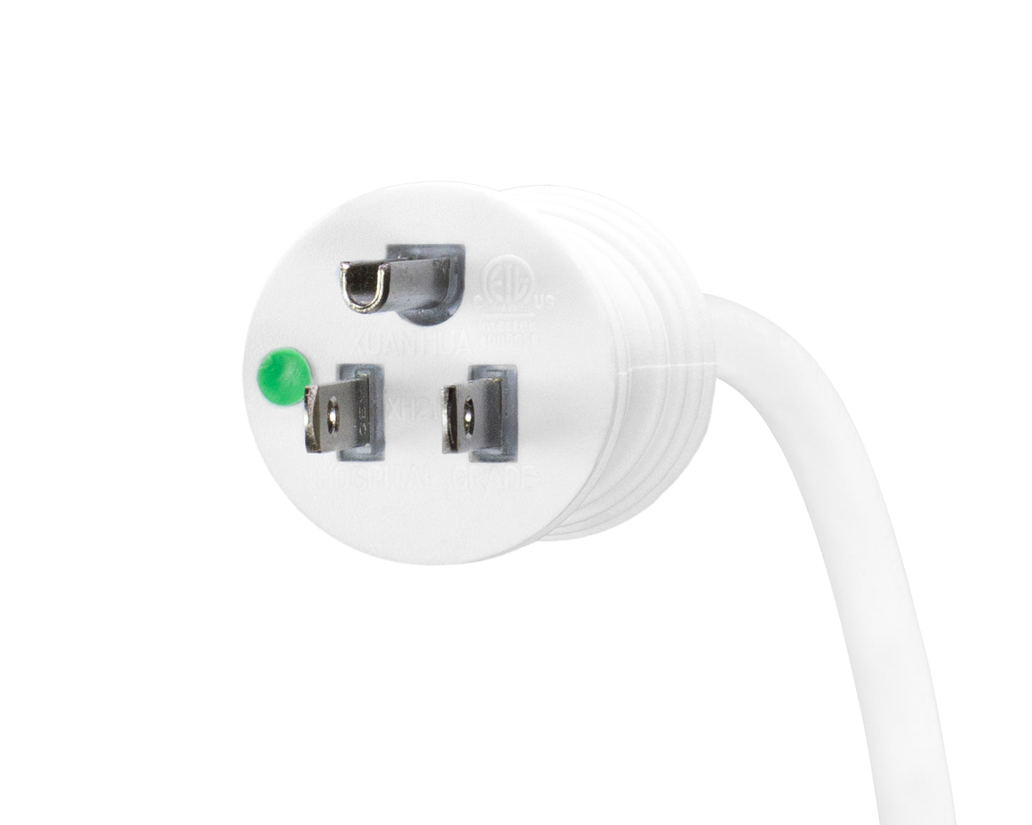White heavy-duty three-prong plug with grounding pin and green indicator light from Appliances collection