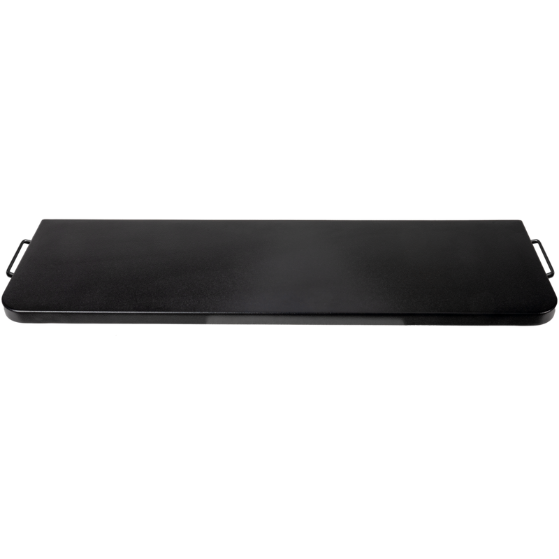 Matte black folding front shelf designed for expanding grilling workspace in outdoor living and grilling accessories.