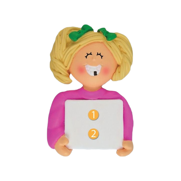 Personalized blonde girl ornament with missing tooth holding blank sign in Christmas ornaments under $50 collection