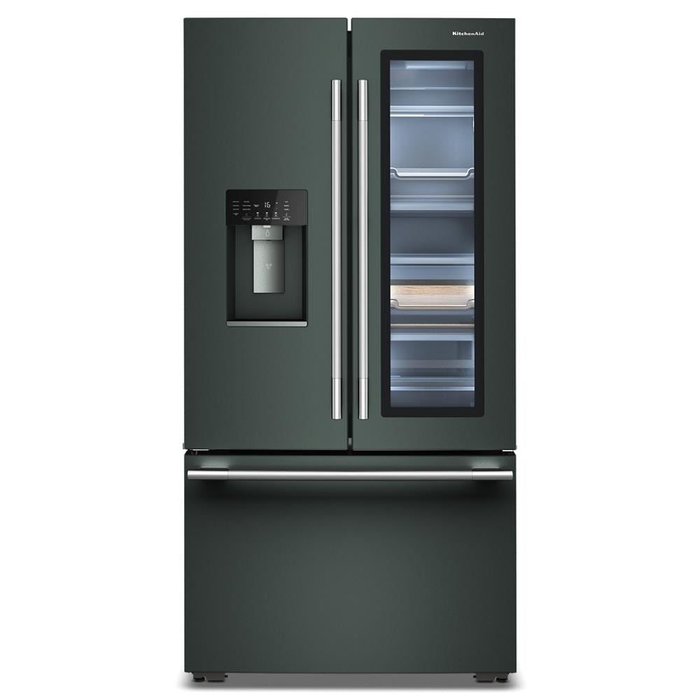 Front view of a black counter-depth French door refrigerator with ClearVue™ glass panel, internal water dispenser, and bottom freezer drawer, part of KitchenAid Refrigerators, French Door Refrigerators, Kitchen & Kitchenware, and Appliances collections for home improvement.