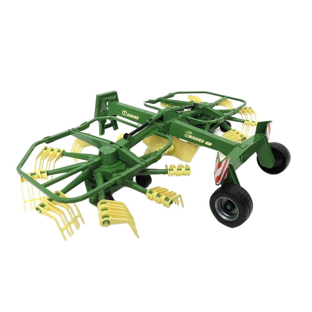 Green and yellow rotary swath windrower model toy with foldable cantilever arms for children’s vehicle collection