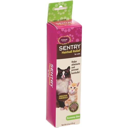 Tall rectangular box of pet hairball remedy with cat images and green malt flavor label