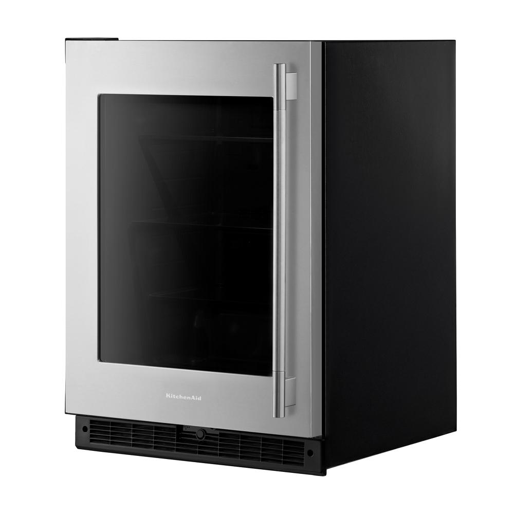 24-inch undercounter refrigerator with stainless steel frame, glass door, and vertical handle from KitchenAid at Hartville Hardware