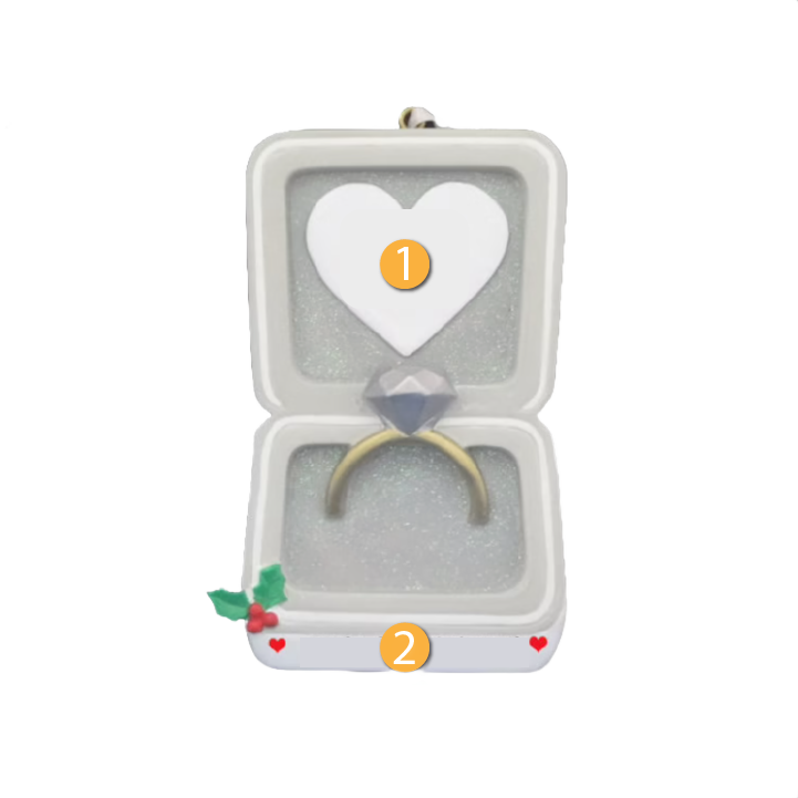 Personalized engagement ring ornament in white box with heart and holly accents for Christmas Ornaments collection under $50