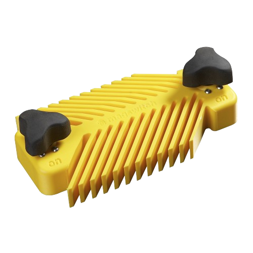 Yellow plastic featherboard with adjustable knobs for securing workpieces in saw accessories and power tool collections