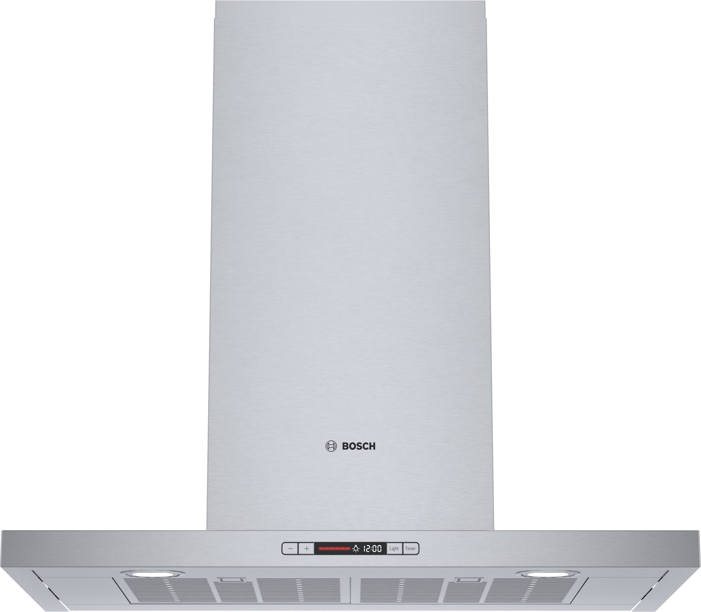 stainless steel wall-mounted kitchen range hood with digital display and halogen lights in Bosch Appliances collection