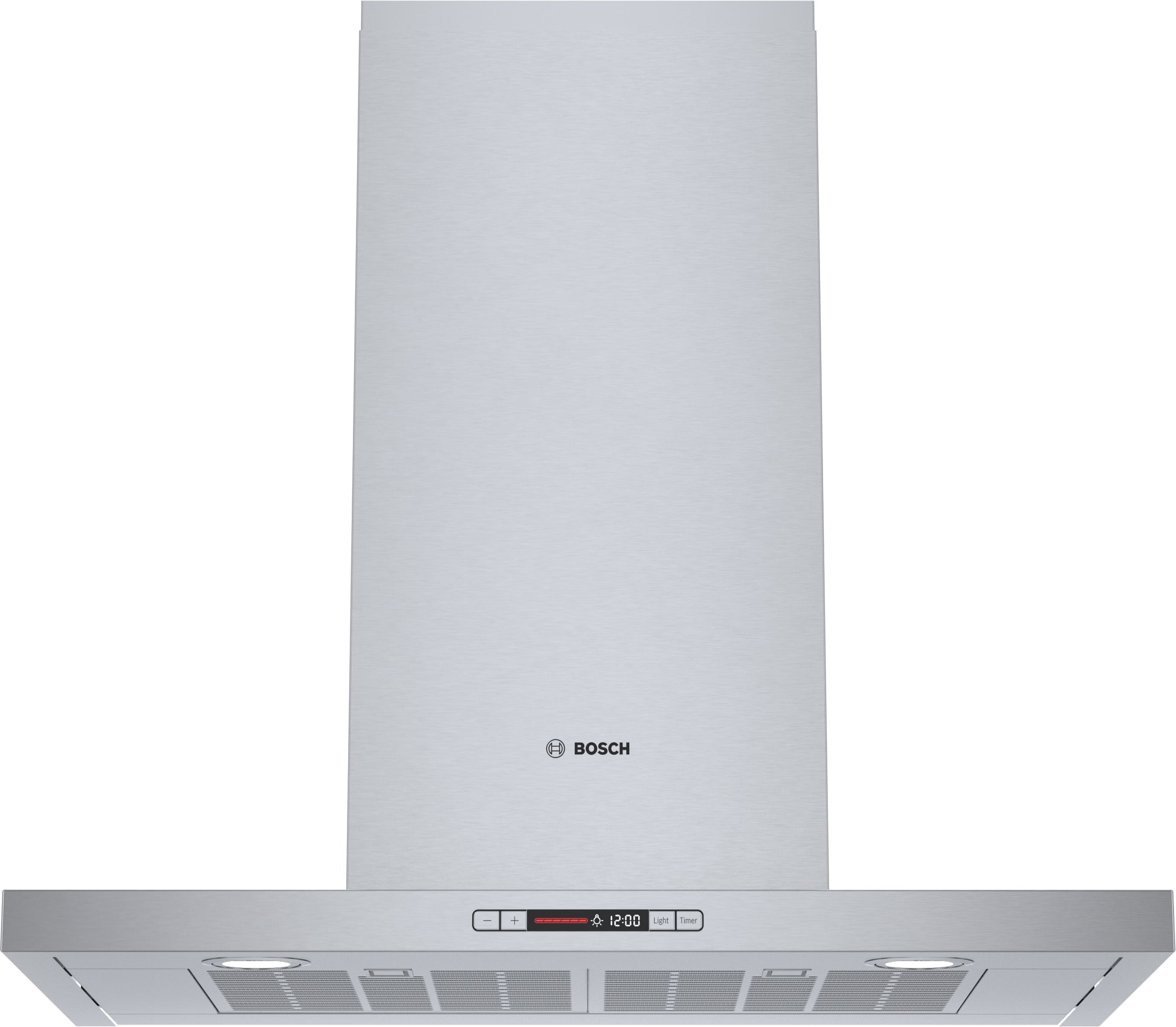 stainless steel wall-mounted kitchen range hood with digital display and halogen lights in Bosch Appliances collection