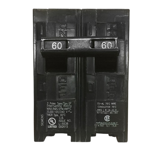 Black 60-amp double-pole plug-in circuit breaker for electrical home improvement and tools applications