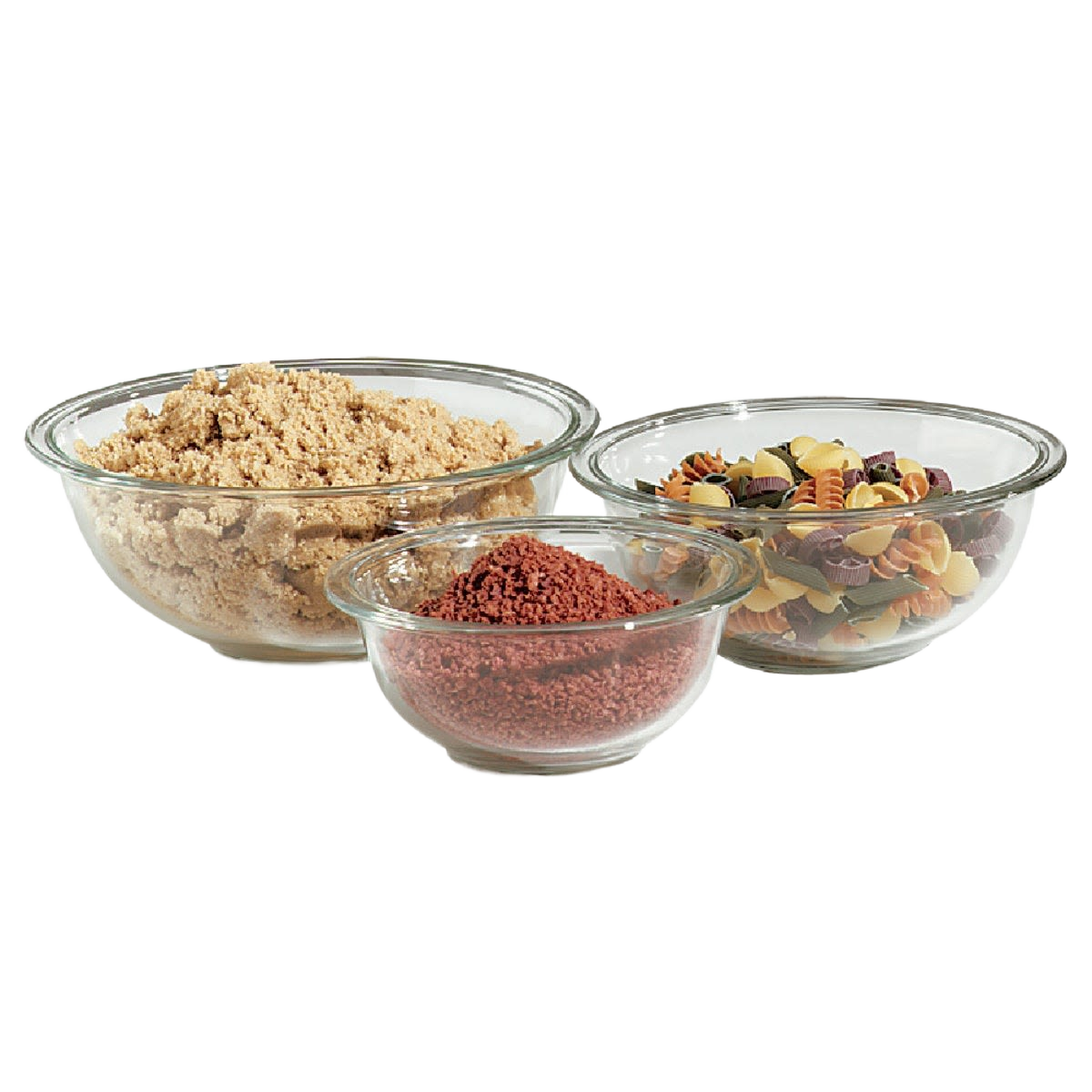 Set of three clear glass mixing bowls in varying sizes filled with ingredients for kitchen use in home cooking tasks