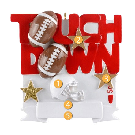 Red "Touchdown" word ornament with footballs, white helmet, and gold stars for Christmas decorations under $50 collection