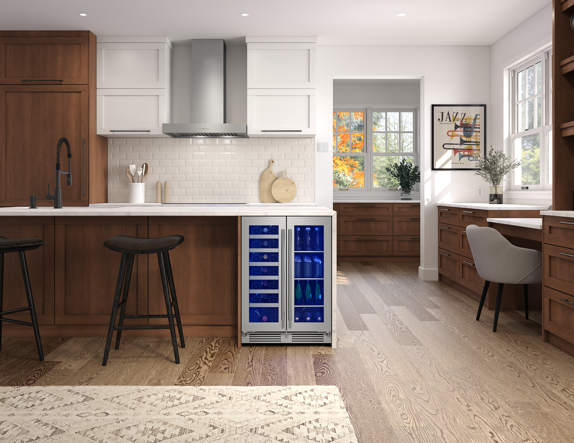 Modern kitchen with wooden cabinets, dual zone French door beverage center, and bright natural light in Appliances collection