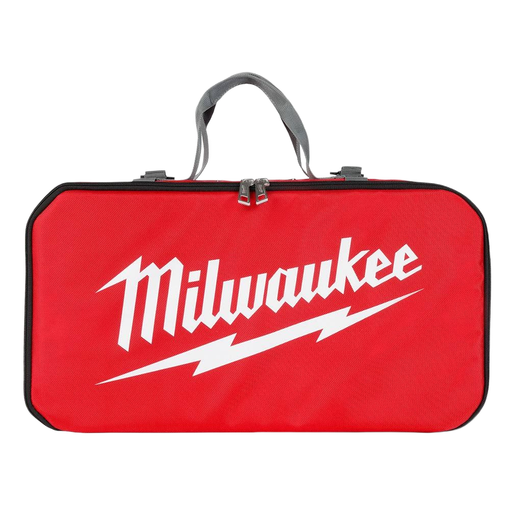 Red tear-resistant storage bag with metal hardware for organizing vacuum tools in woodworking and home improvement sets under $100