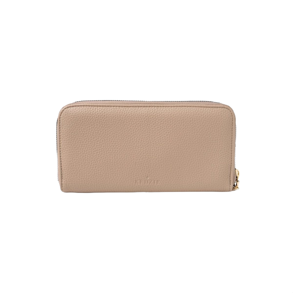 Taupe vegan leather zip-around clutch with embossed logo and goldtone zipper, ideal for accessories and under $50 collections
