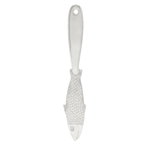 Metal fish-shaped scaler with textured body and ergonomic handle for efficient fish cleaning tasks in home and outdoor use