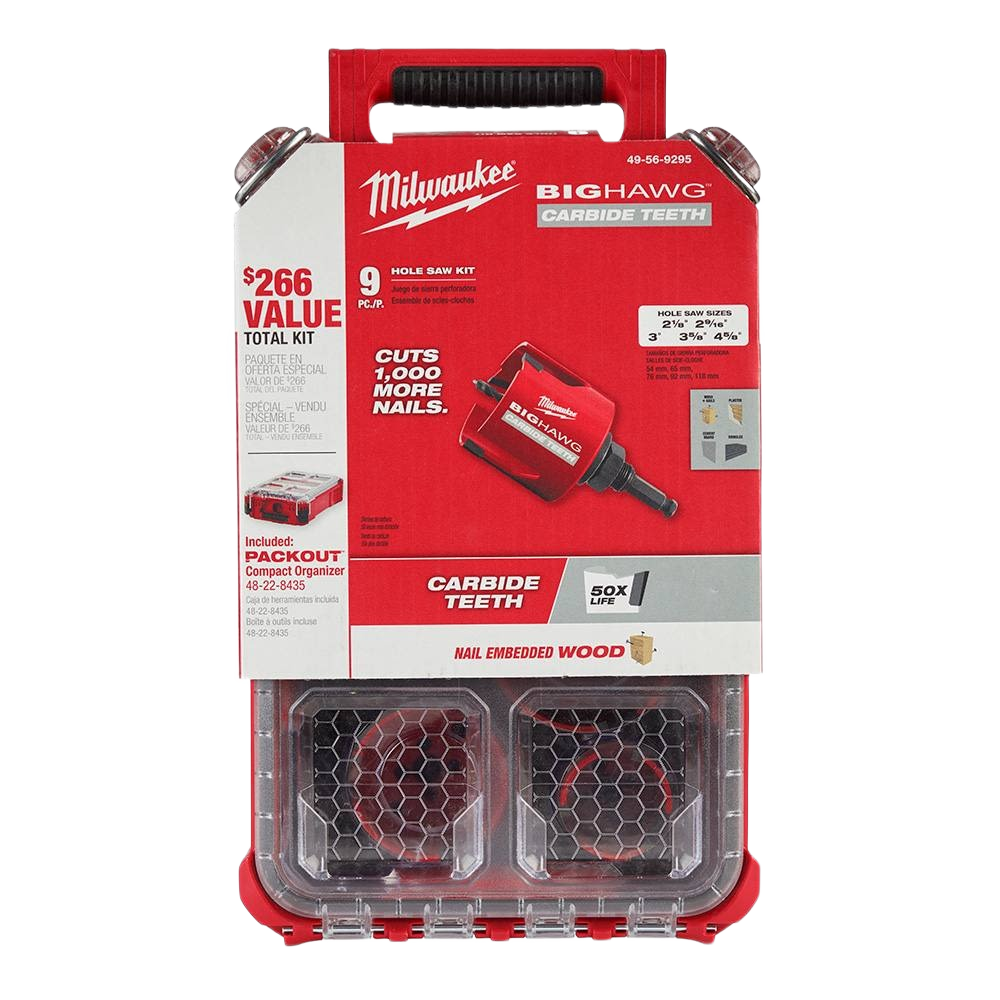 Red and clear compact hole saw kit with carbide teeth, designed for woodworking and home improvement tasks in Milwaukee PACKOUT™ collection