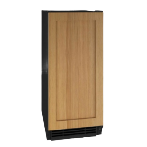 Black compact ice machine with reversible wood finish door panel for kitchen and appliances collection