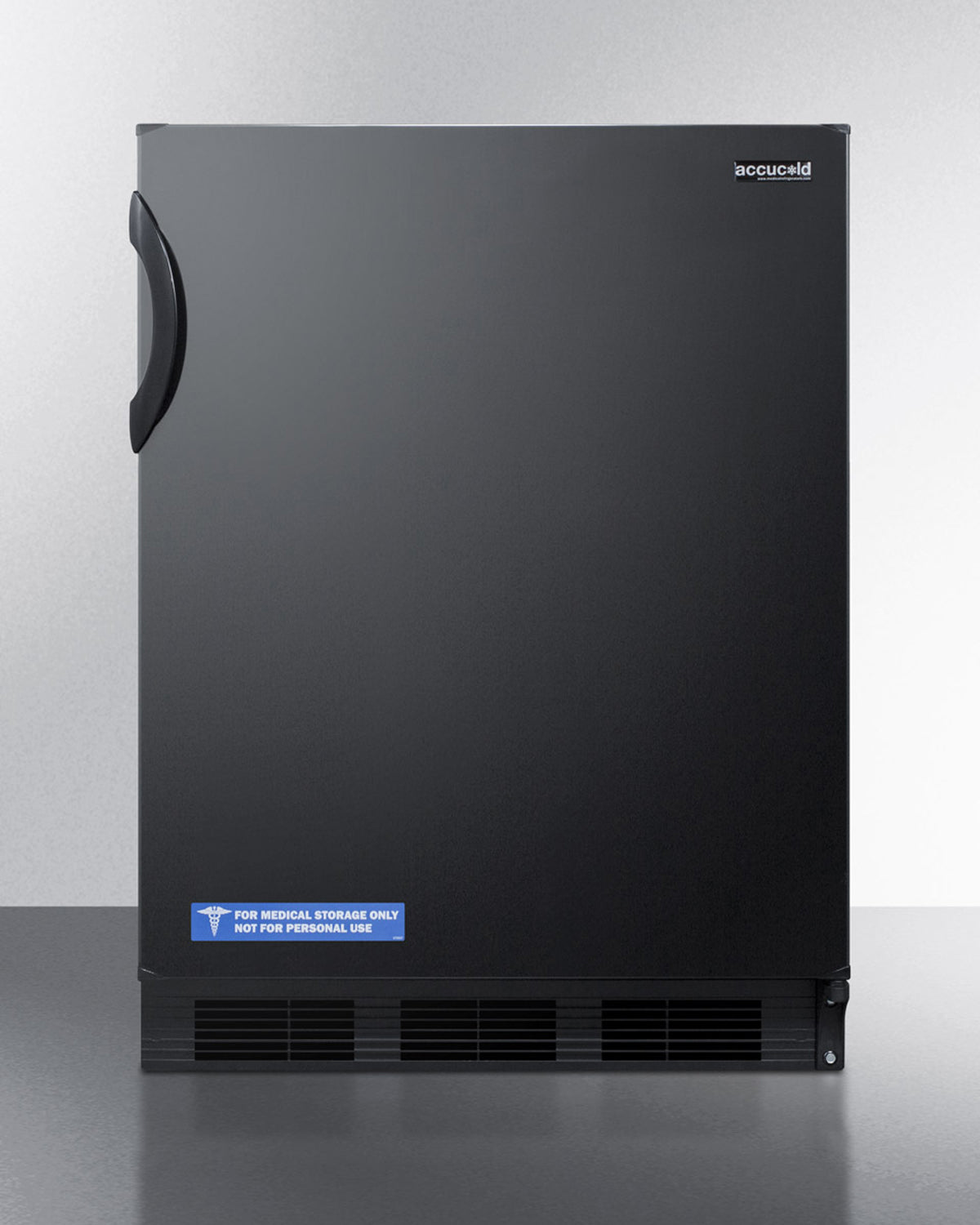 Black built-in refrigerator with curved handle and medical storage label in refrigerators and kitchen appliances collection