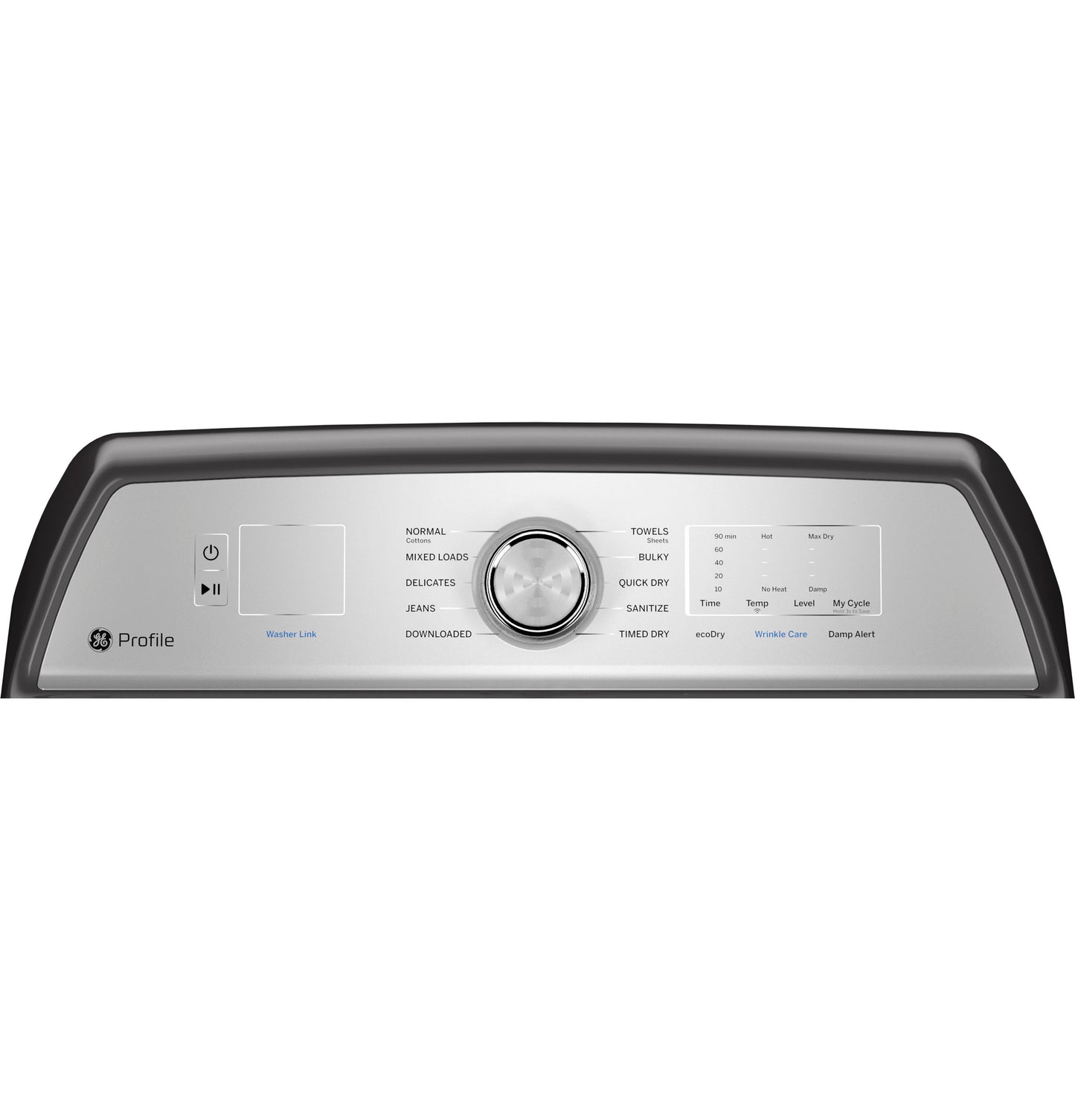 Close-up of control panel with cycle options on stainless steel electric dryer from Washers & Dryers collection